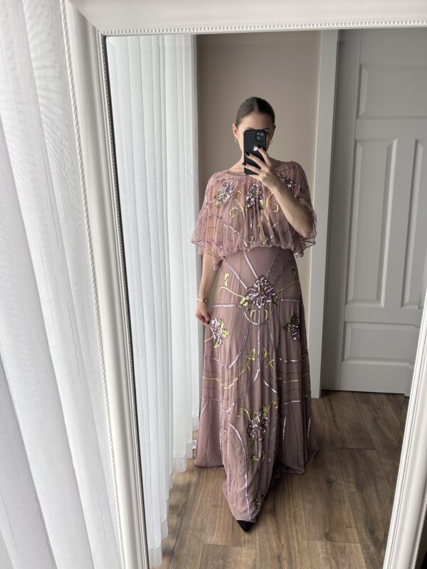 Różowa cekinowa długa sukienka 38 M ASOS