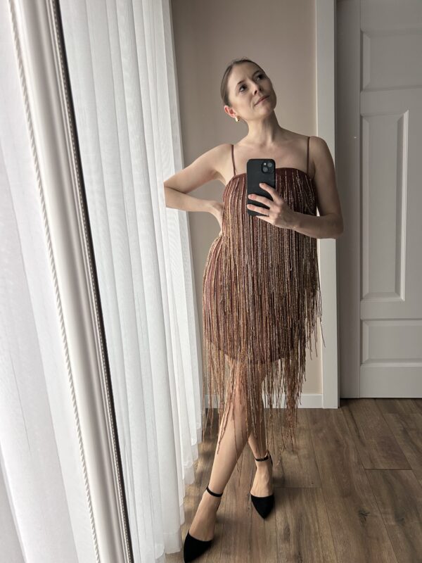 Brązowa sukienka z frędzlami z koralików 38 M ASOS